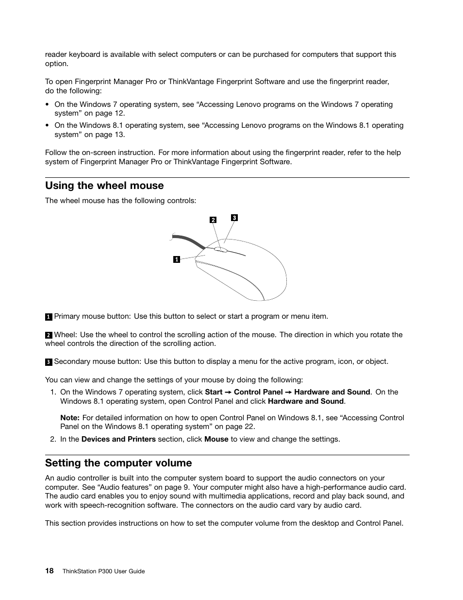 Using the wheel mouse, Setting the computer volume | Lenovo ThinkStation P300 User Manual | Page 30 / 150