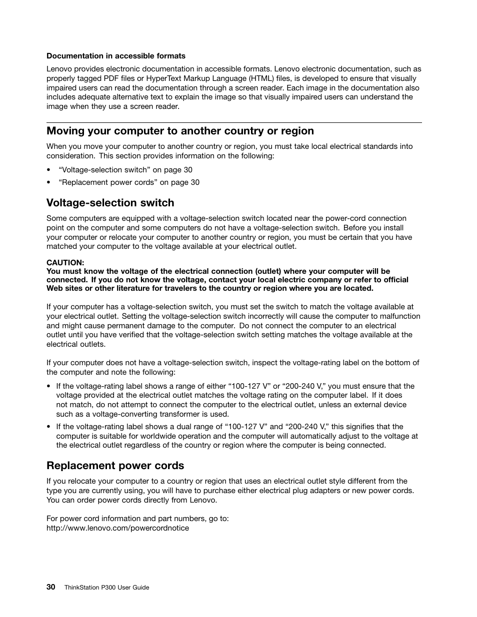 Moving your computer to another country or region, Voltage-selection switch, Replacement power cords | Lenovo ThinkStation P300 User Manual | Page 42 / 150