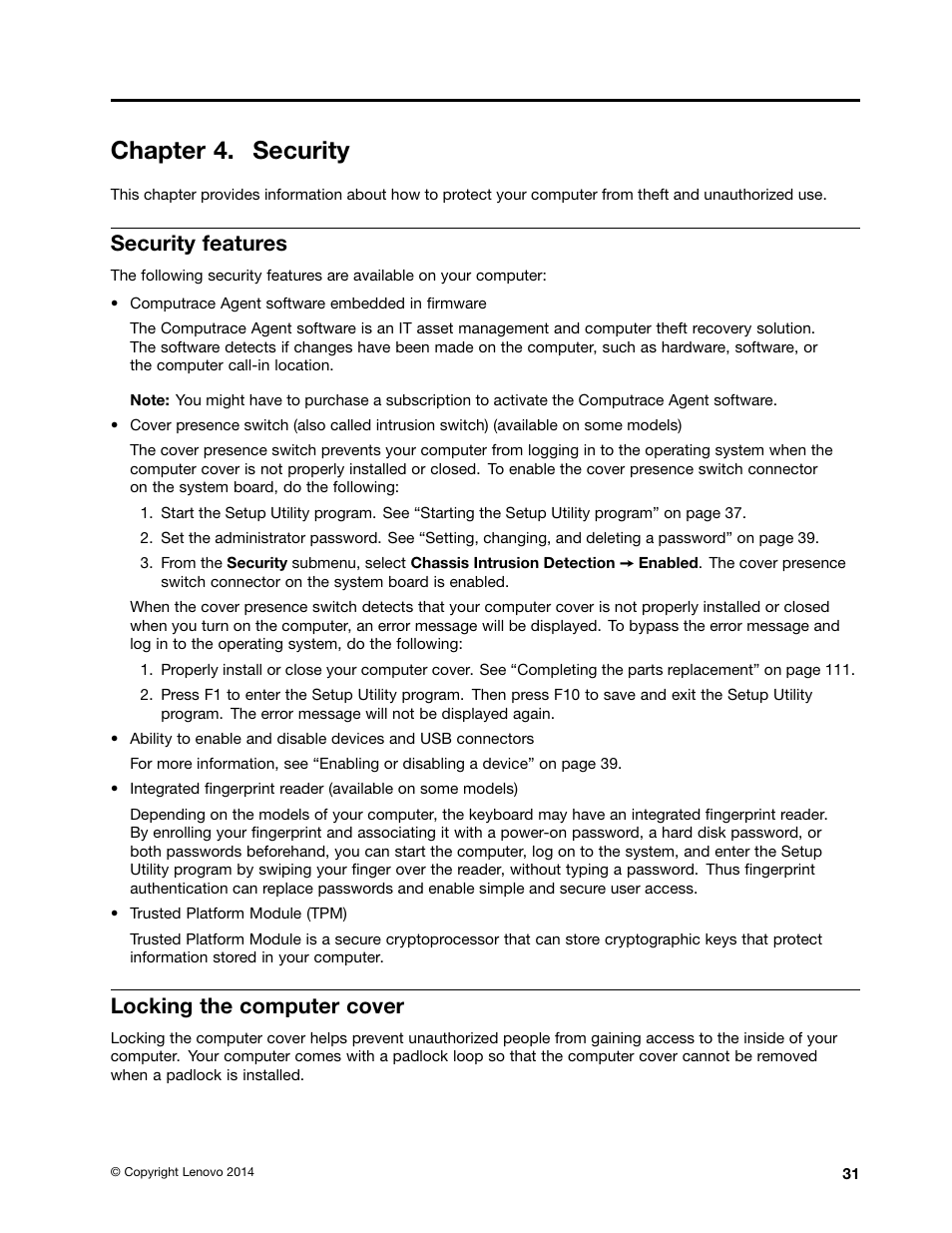 Chapter 4. security, Security features, Locking the computer cover | Lenovo ThinkStation P300 User Manual | Page 43 / 150