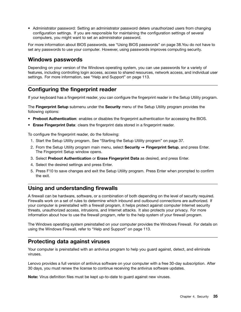 Windows passwords, Configuring the fingerprint reader, Using and understanding firewalls | Protecting data against viruses | Lenovo ThinkStation P300 User Manual | Page 47 / 150