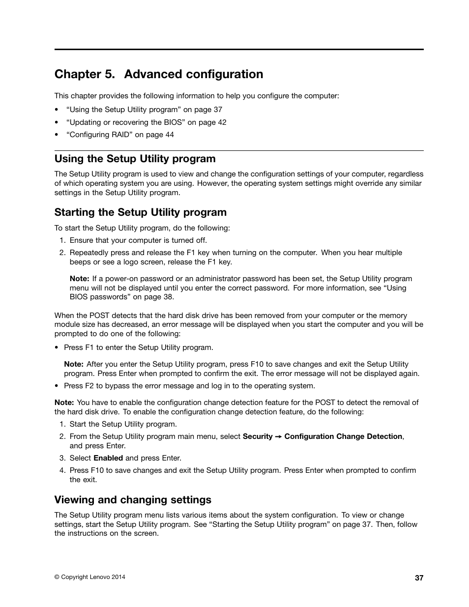 Chapter 5. advanced configuration, Using the setup utility program, Starting the setup utility program | Viewing and changing settings | Lenovo ThinkStation P300 User Manual | Page 49 / 150