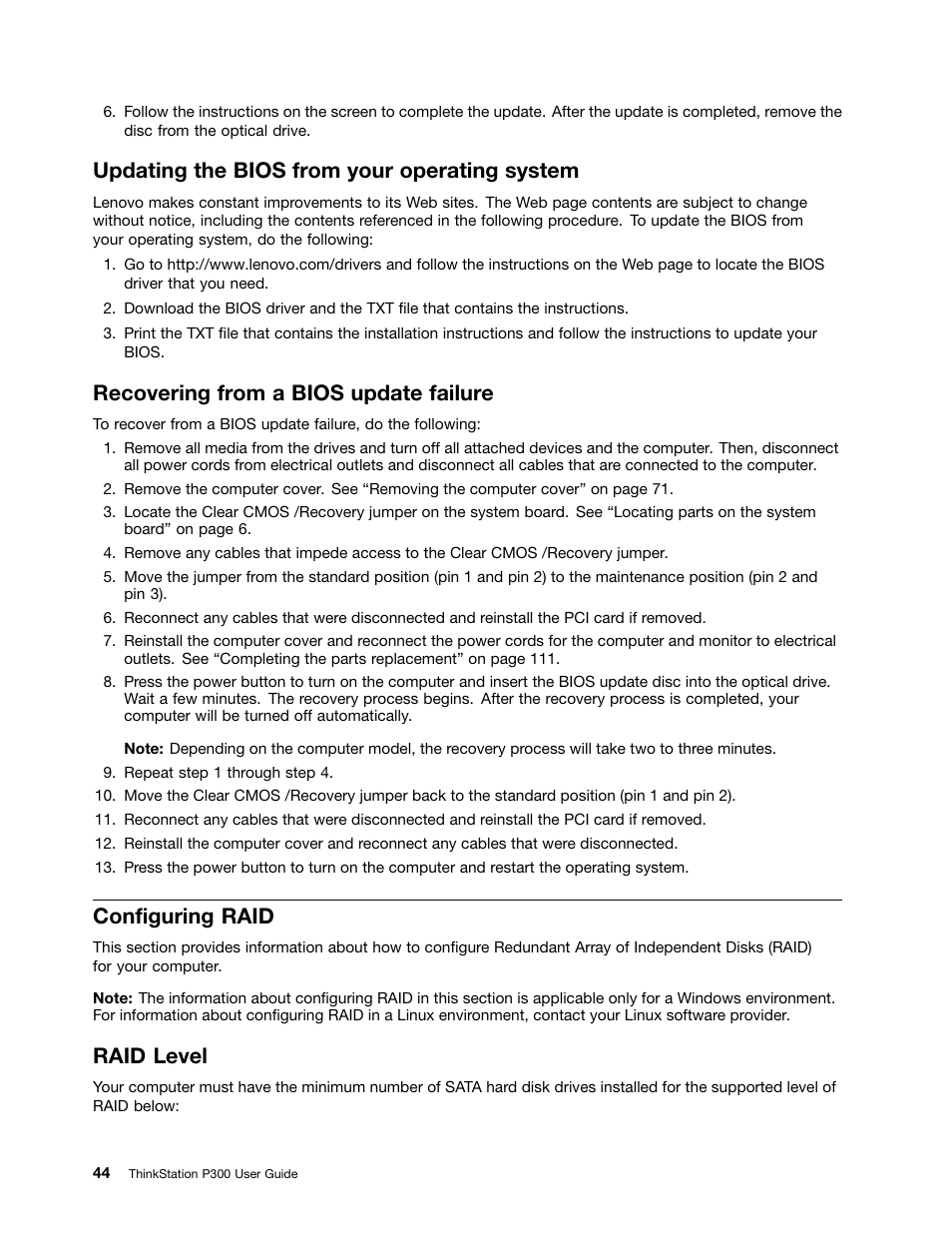 Updating the bios from your operating system, Recovering from a bios update failure, Configuring raid | Raid level | Lenovo ThinkStation P300 User Manual | Page 56 / 150