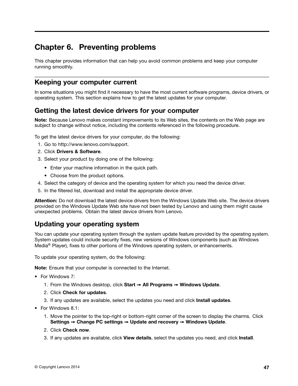 Chapter 6. preventing problems, Keeping your computer current, Updating your operating system | Lenovo ThinkStation P300 User Manual | Page 59 / 150