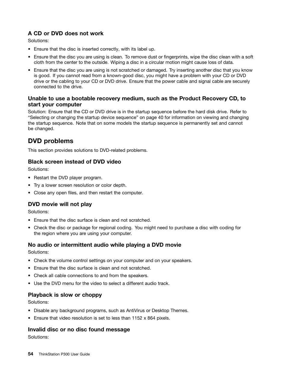 Dvd problems | Lenovo ThinkStation P300 User Manual | Page 66 / 150