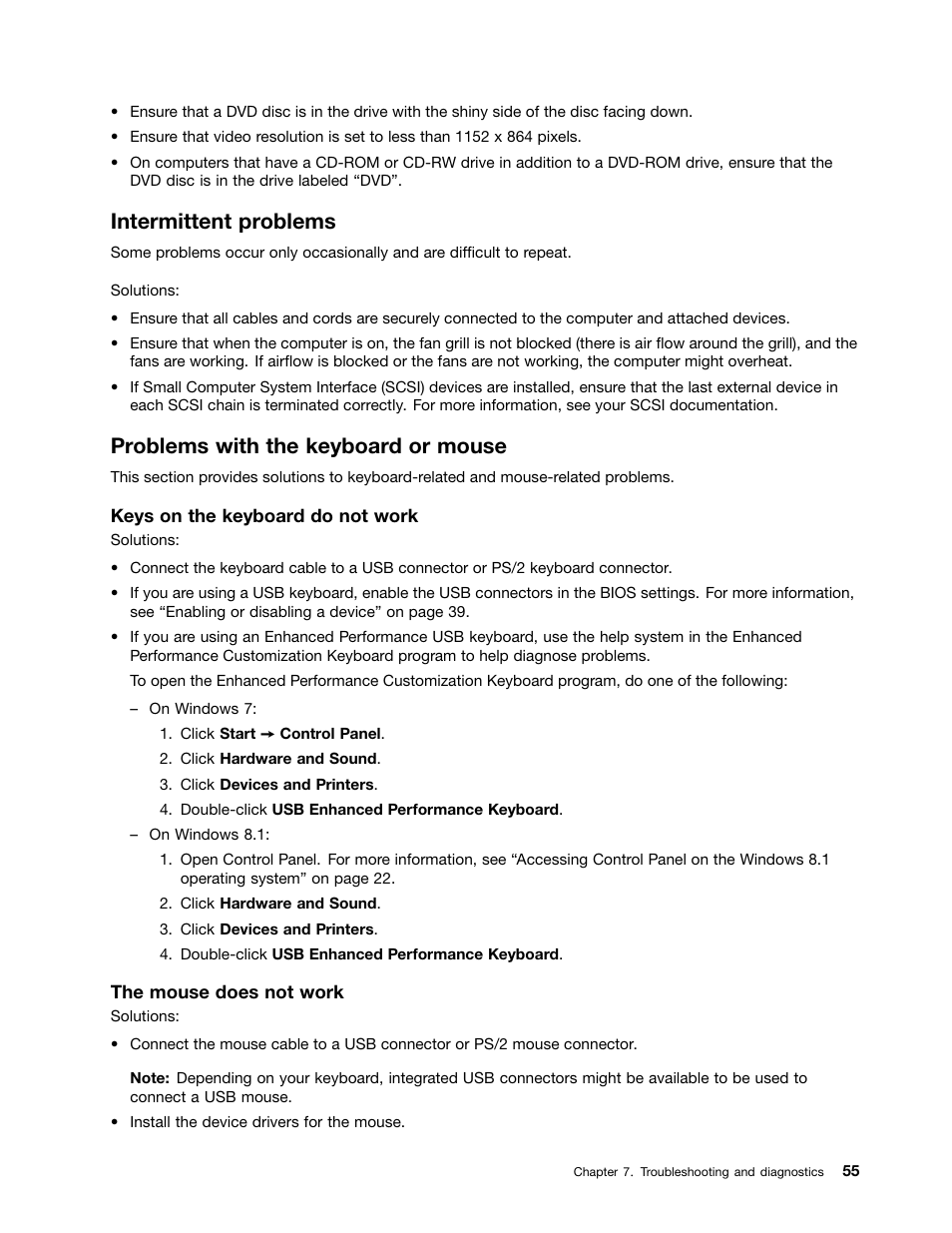 Intermittent problems, Problems with the keyboard or mouse | Lenovo ThinkStation P300 User Manual | Page 67 / 150