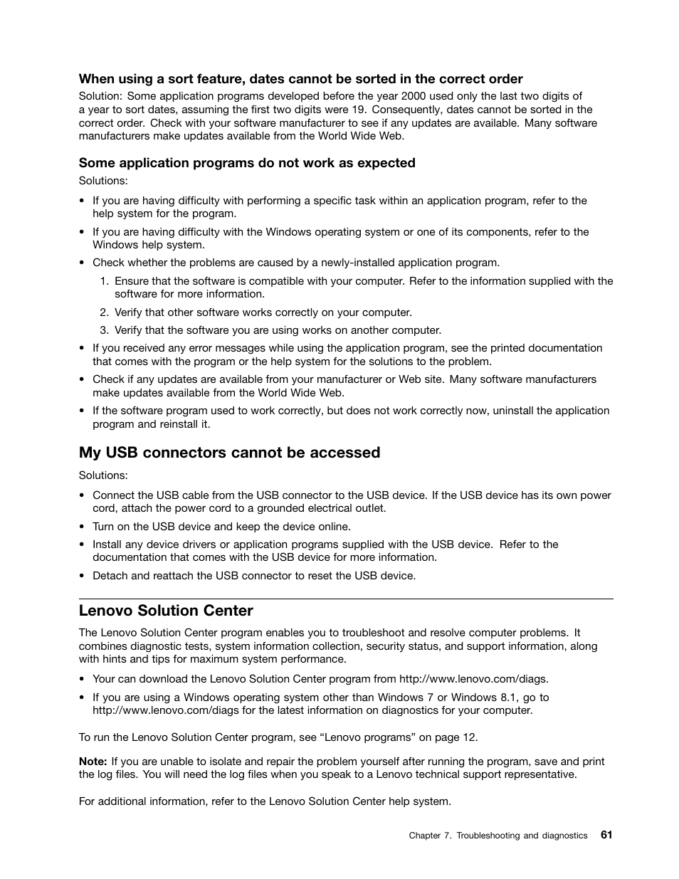My usb connectors cannot be accessed, Lenovo solution center | Lenovo ThinkStation P300 User Manual | Page 73 / 150