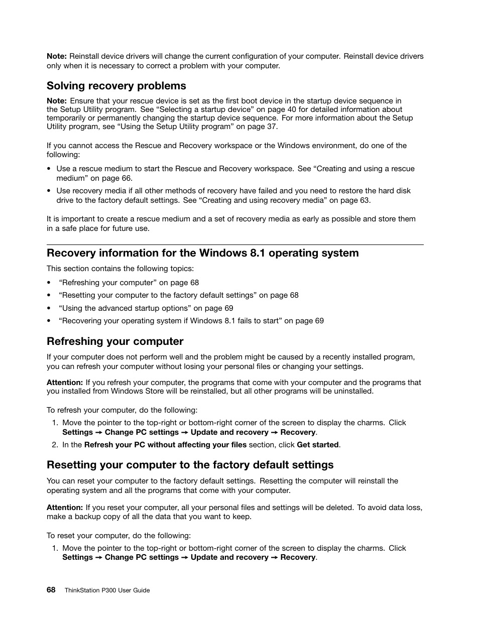 Solving recovery problems, Refreshing your computer | Lenovo ThinkStation P300 User Manual | Page 80 / 150