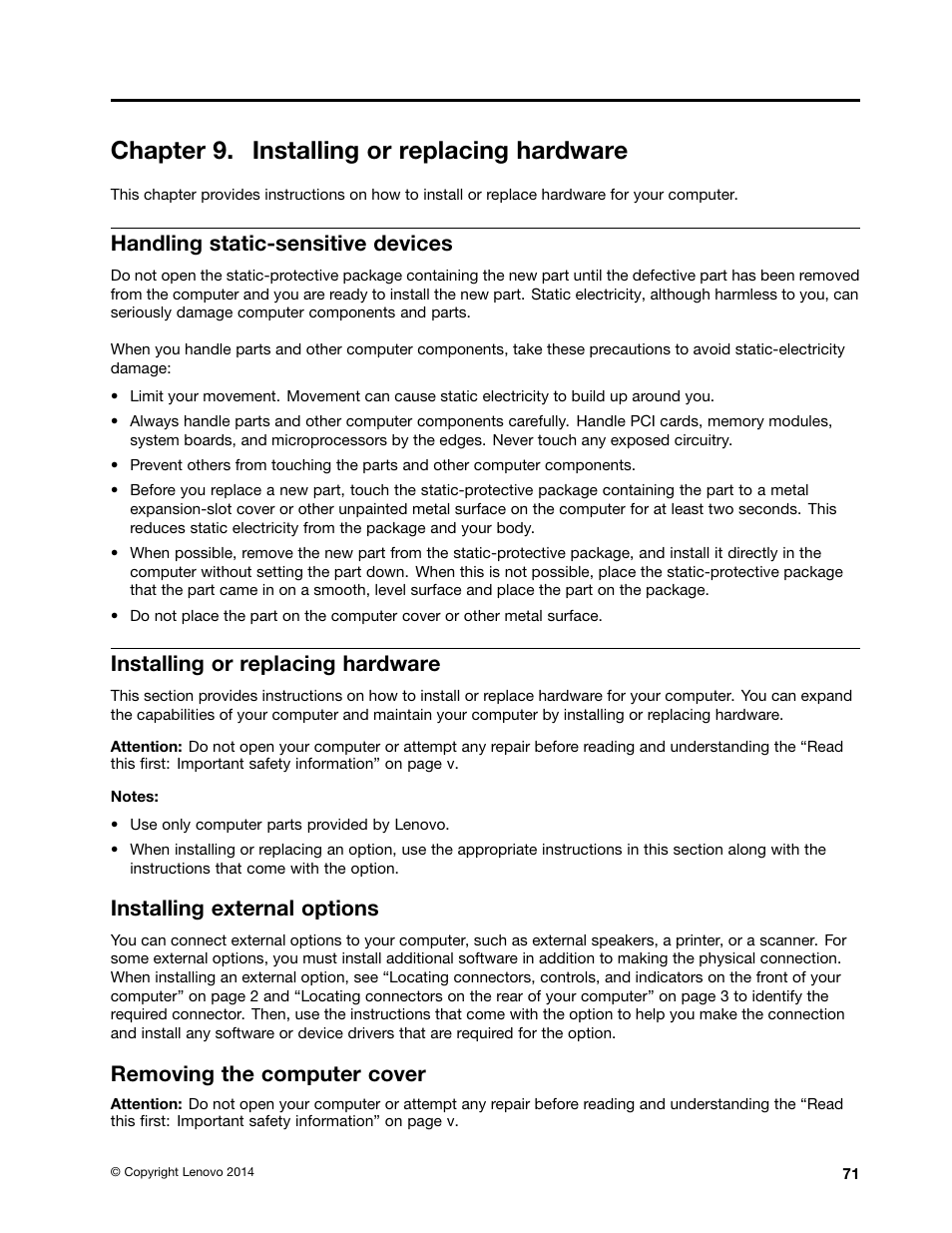 Chapter 9. installing or replacing hardware, Handling static-sensitive devices, Installing or replacing hardware | Installing external options, Removing the computer cover | Lenovo ThinkStation P300 User Manual | Page 83 / 150
