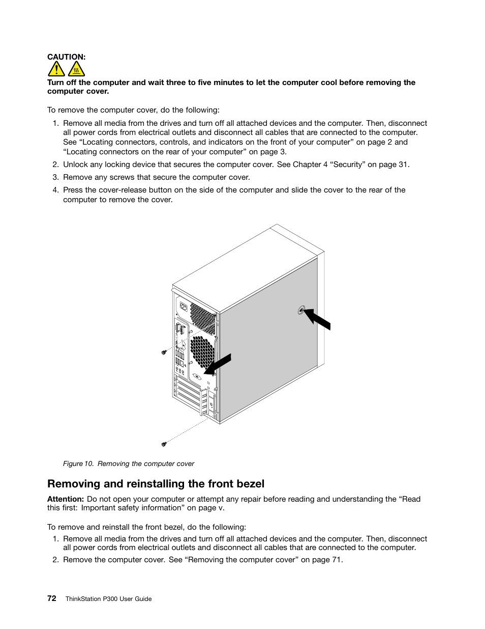 Removing and reinstalling the front bezel | Lenovo ThinkStation P300 User Manual | Page 84 / 150