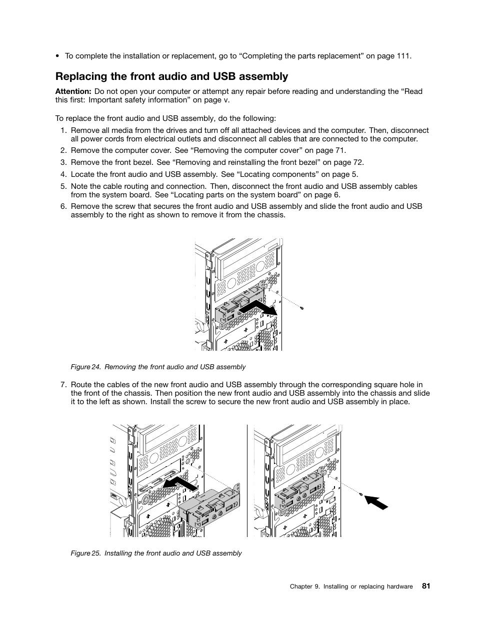 Replacing the front audio and usb assembly | Lenovo ThinkStation P300 User Manual | Page 93 / 150