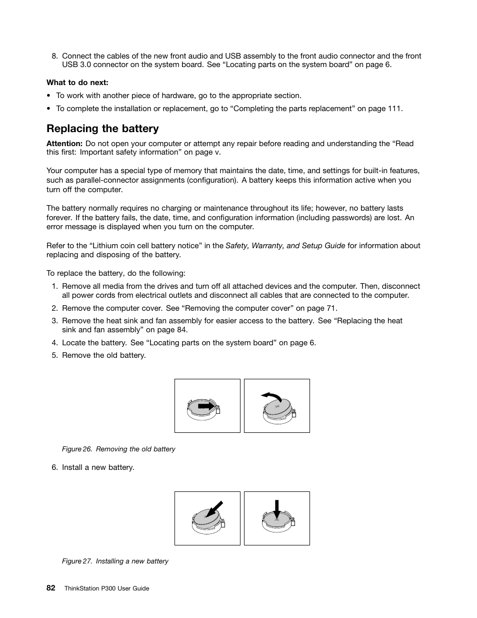 Replacing the battery | Lenovo ThinkStation P300 User Manual | Page 94 / 150