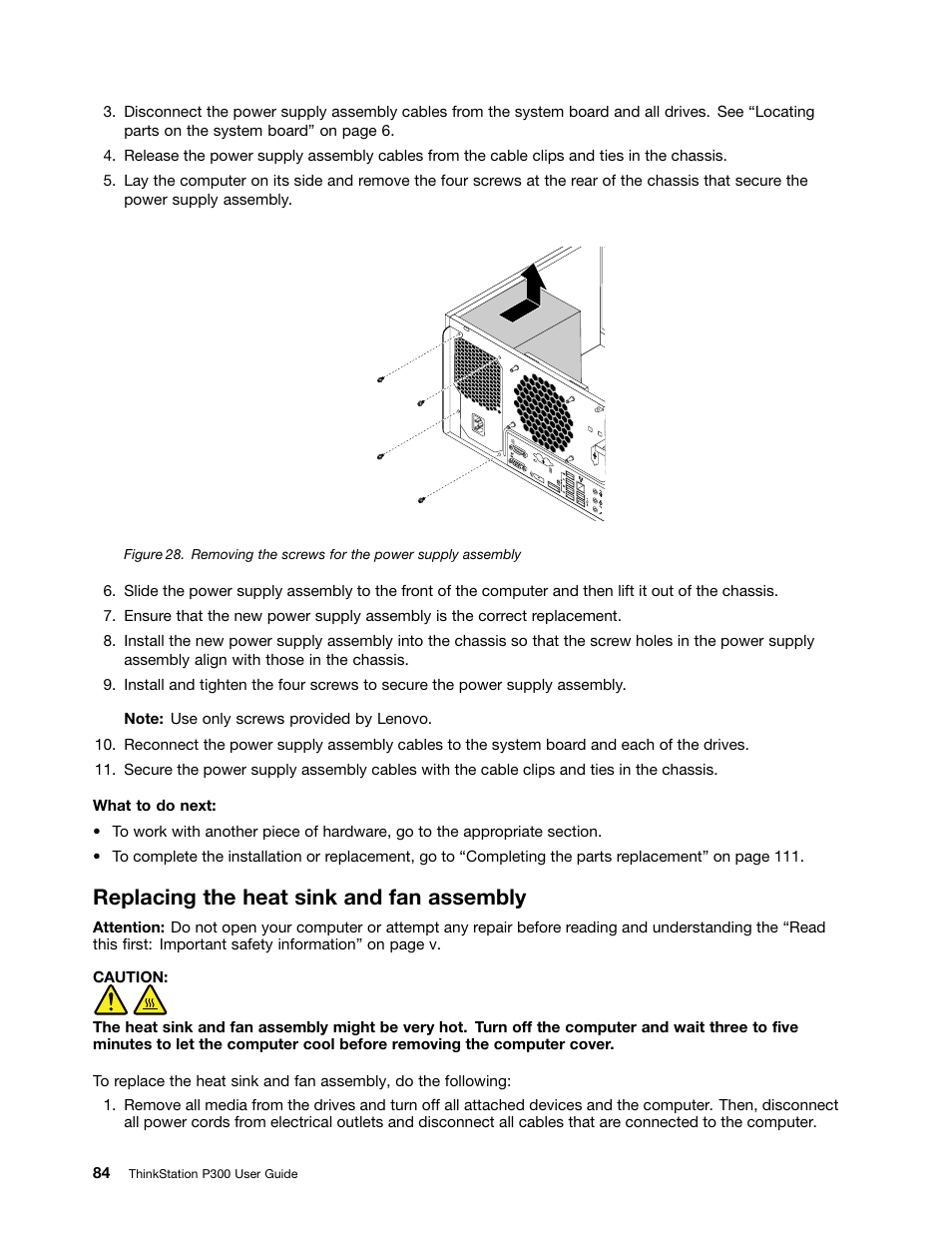 Replacing the heat sink and fan assembly, Replacing the heat | Lenovo ThinkStation P300 User Manual | Page 96 / 150
