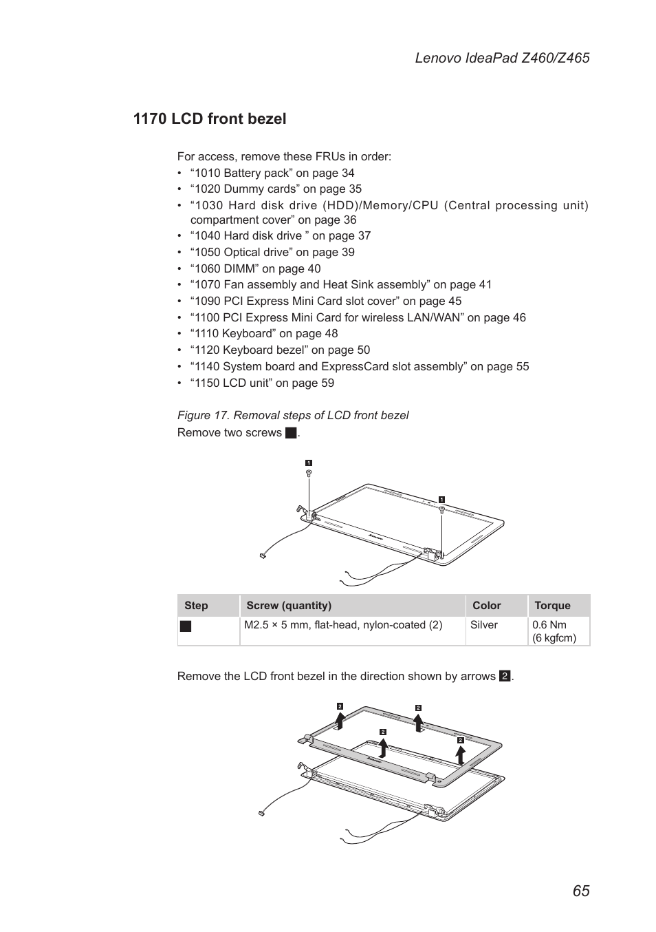 1170 lcd front bezel | Lenovo IdeaPad Z460 User Manual | Page 69 / 92