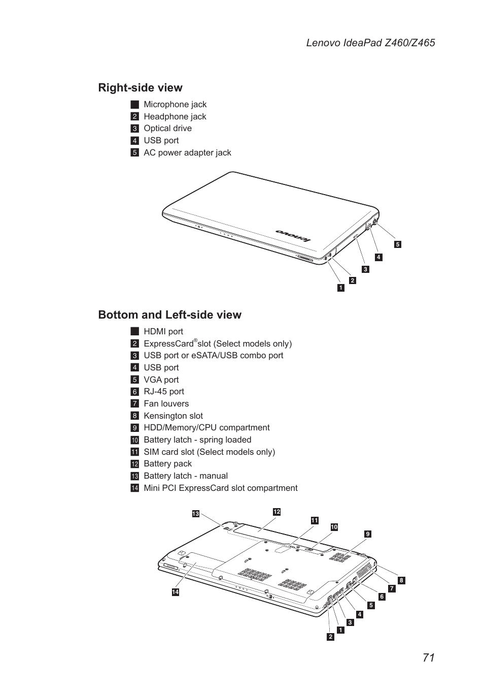 Right-side view, Bottom and left-side view | Lenovo IdeaPad Z460 User Manual | Page 75 / 92
