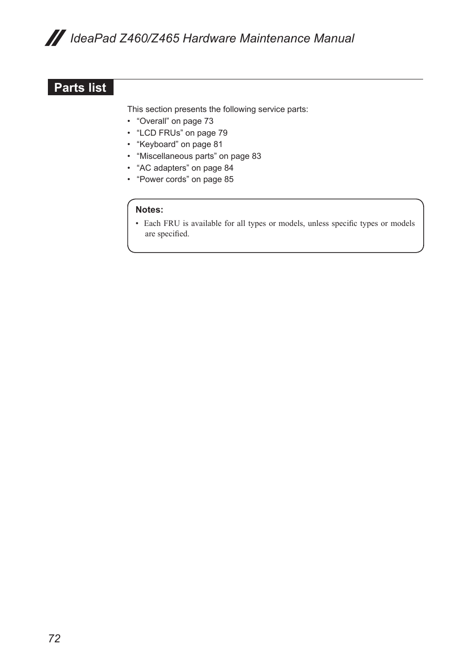 Parts list | Lenovo IdeaPad Z460 User Manual | Page 76 / 92