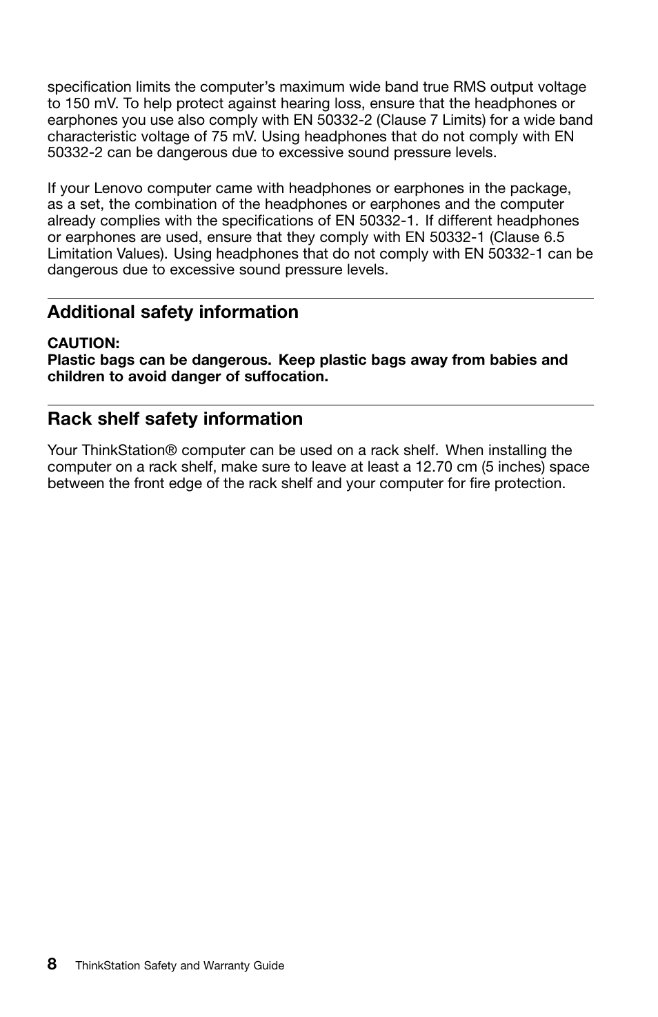 Additional safety information, Rack shelf safety information | Lenovo ThinkStation E30 User Manual | Page 12 / 44