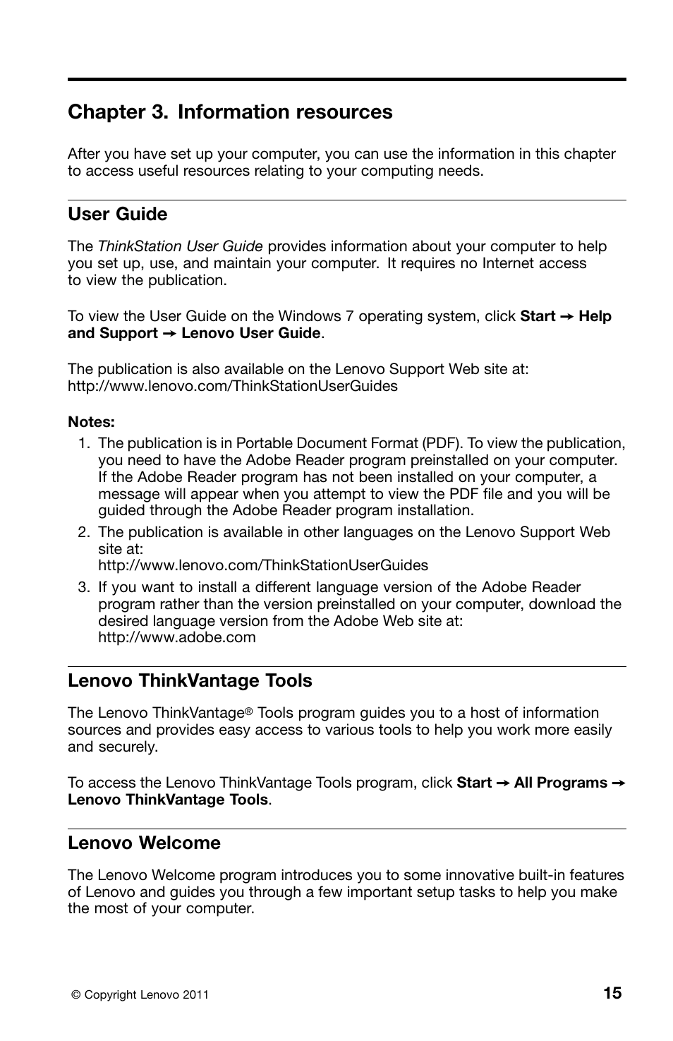 Chapter 3. information resources, User guide, Lenovo thinkvantage tools | Lenovo welcome | Lenovo ThinkStation E30 User Manual | Page 19 / 44