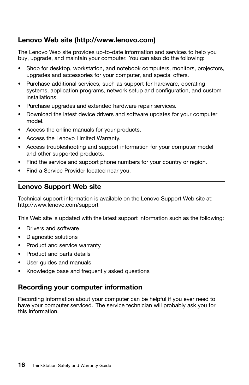 Lenovo web site (http://www.lenovo.com), Lenovo support web site, Recording your computer information | Lenovo ThinkStation E30 User Manual | Page 20 / 44