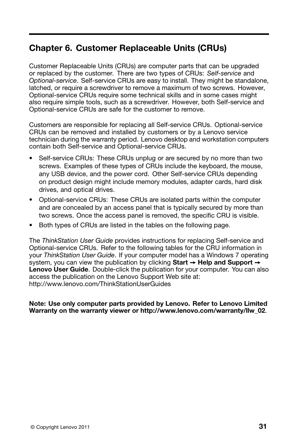 Chapter 6. customer replaceable units (crus) | Lenovo ThinkStation E30 User Manual | Page 35 / 44