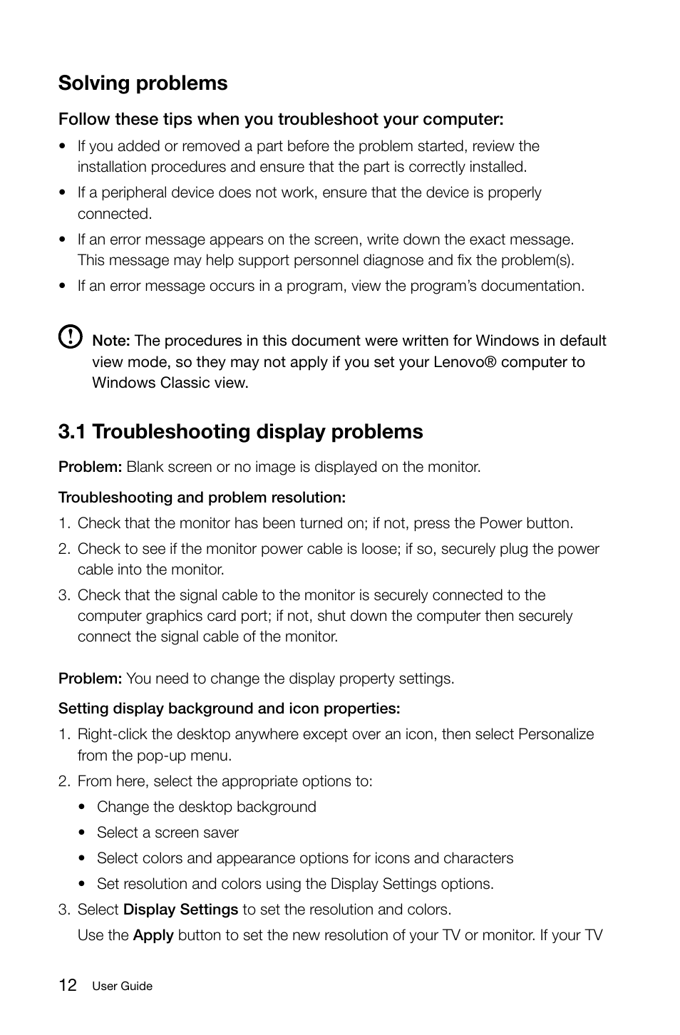 1 troubleshooting display problems, Solving problems, C.c troublescooting display problems | Lenovo IdeaCentre Q180 User Manual | Page 17 / 21
