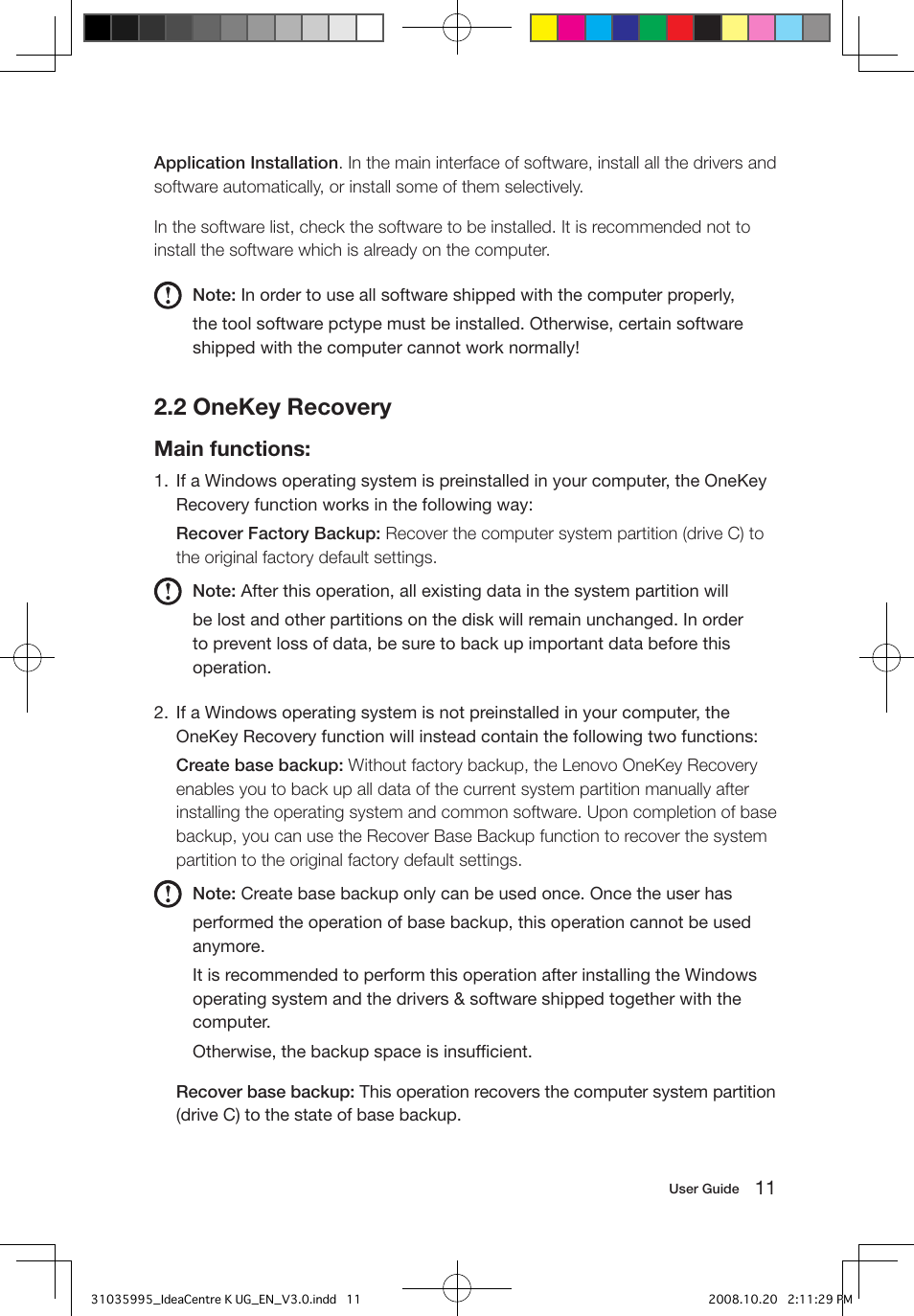 2 onekey recovery, Main functions | Lenovo IdeaCentre K230 User Manual | Page 16 / 41