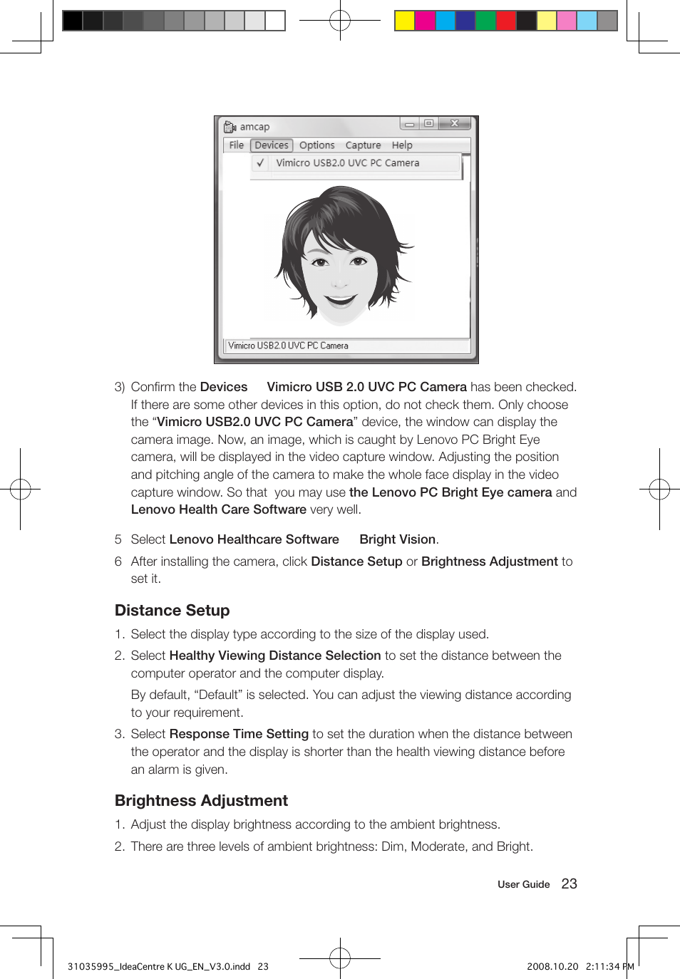 Distance setup, Brightness adjustment | Lenovo IdeaCentre K230 User Manual | Page 28 / 41