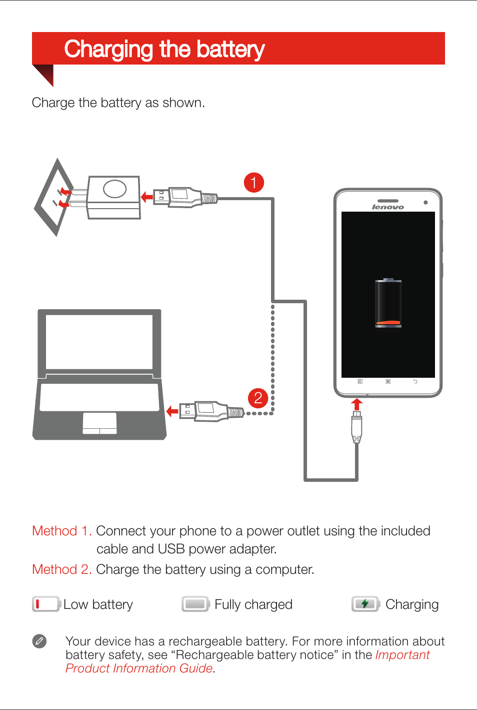 Charging the battery | Lenovo S660 Smartphone User Manual | Page 5 / 6