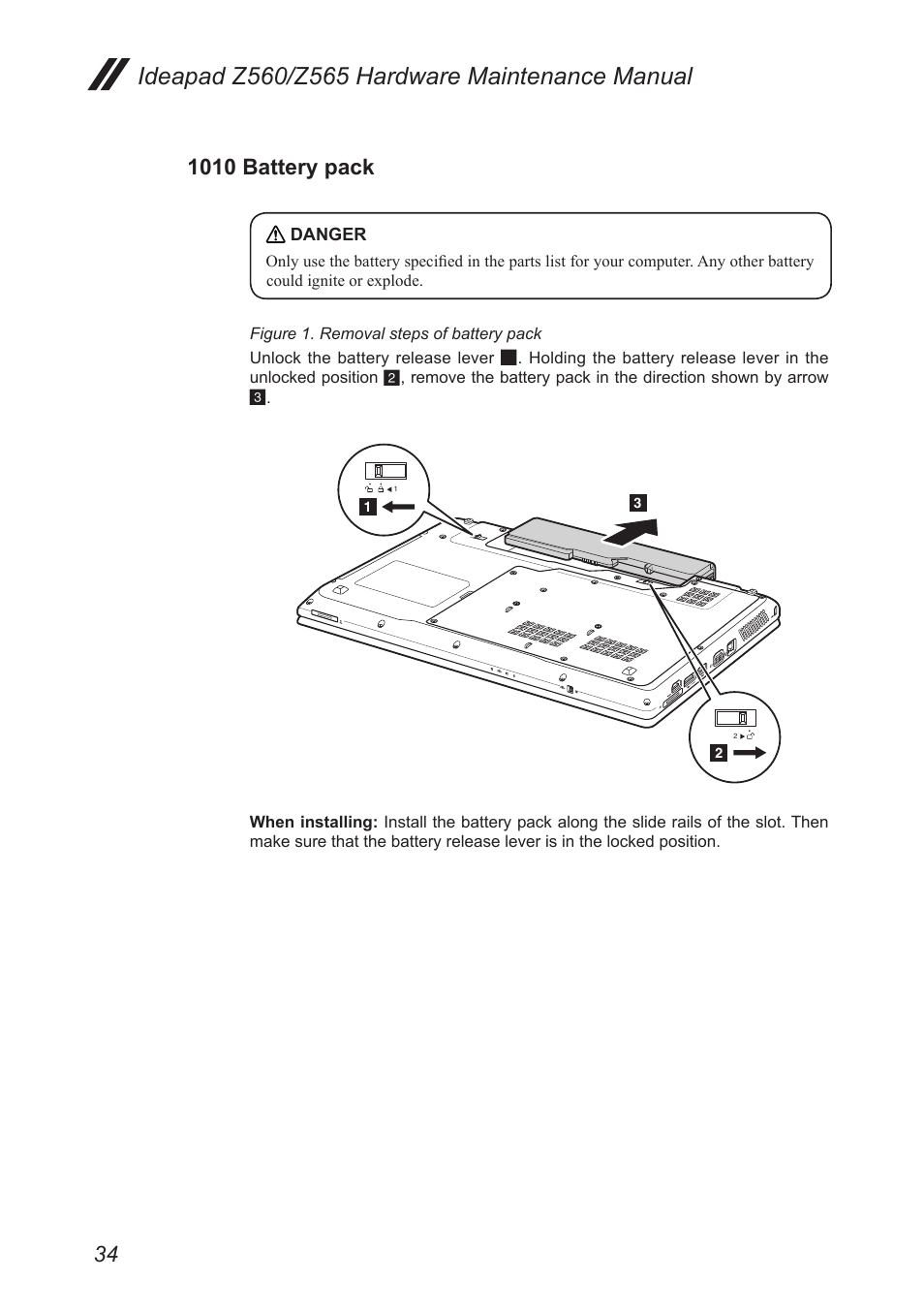 1010 battery pack | Lenovo IdeaPad Z560 User Manual | Page 38 / 90