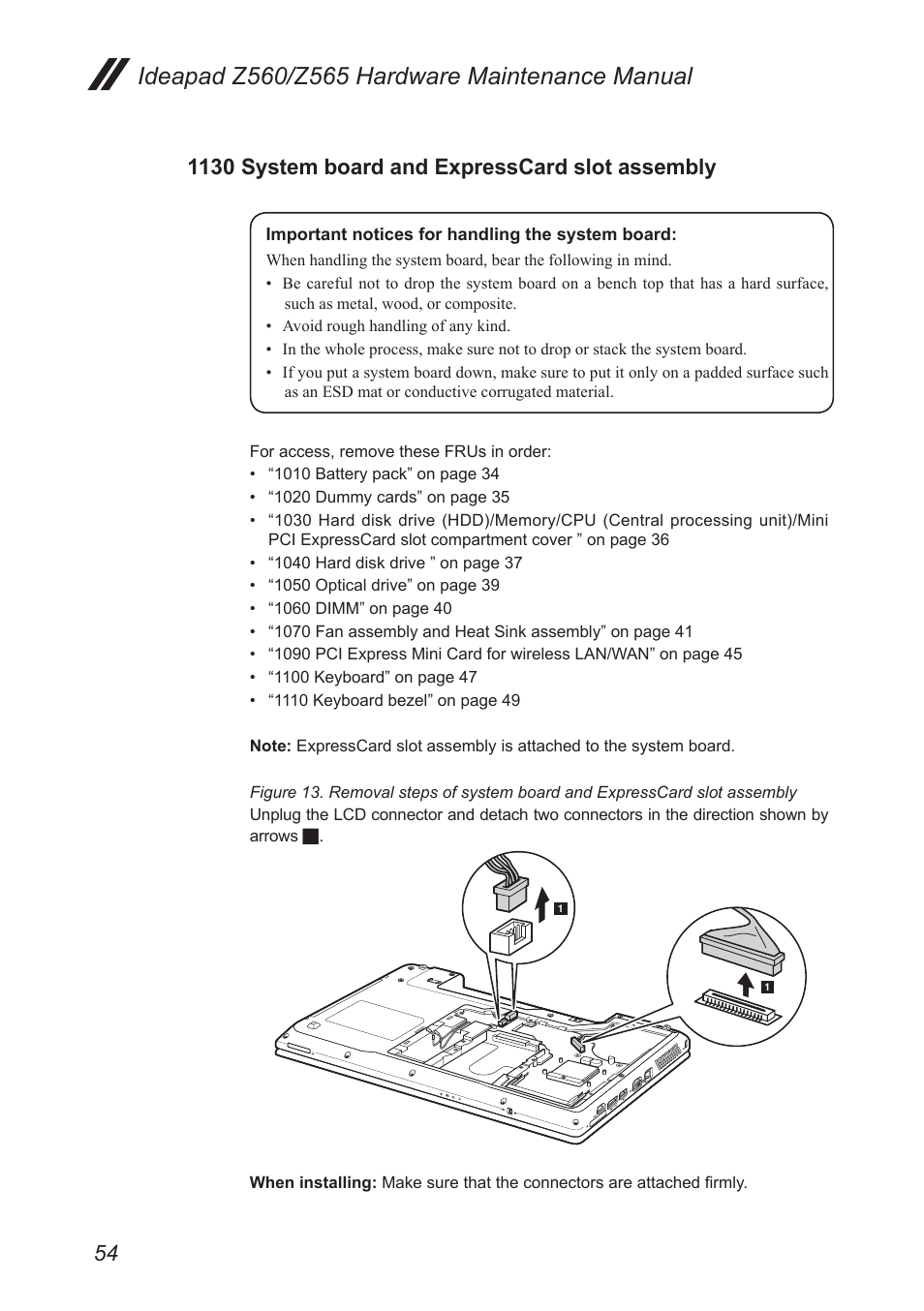 1130 system board and expresscard slot assembly, 1130 system board and expresscard slot, Assembly | Lenovo IdeaPad Z560 User Manual | Page 58 / 90
