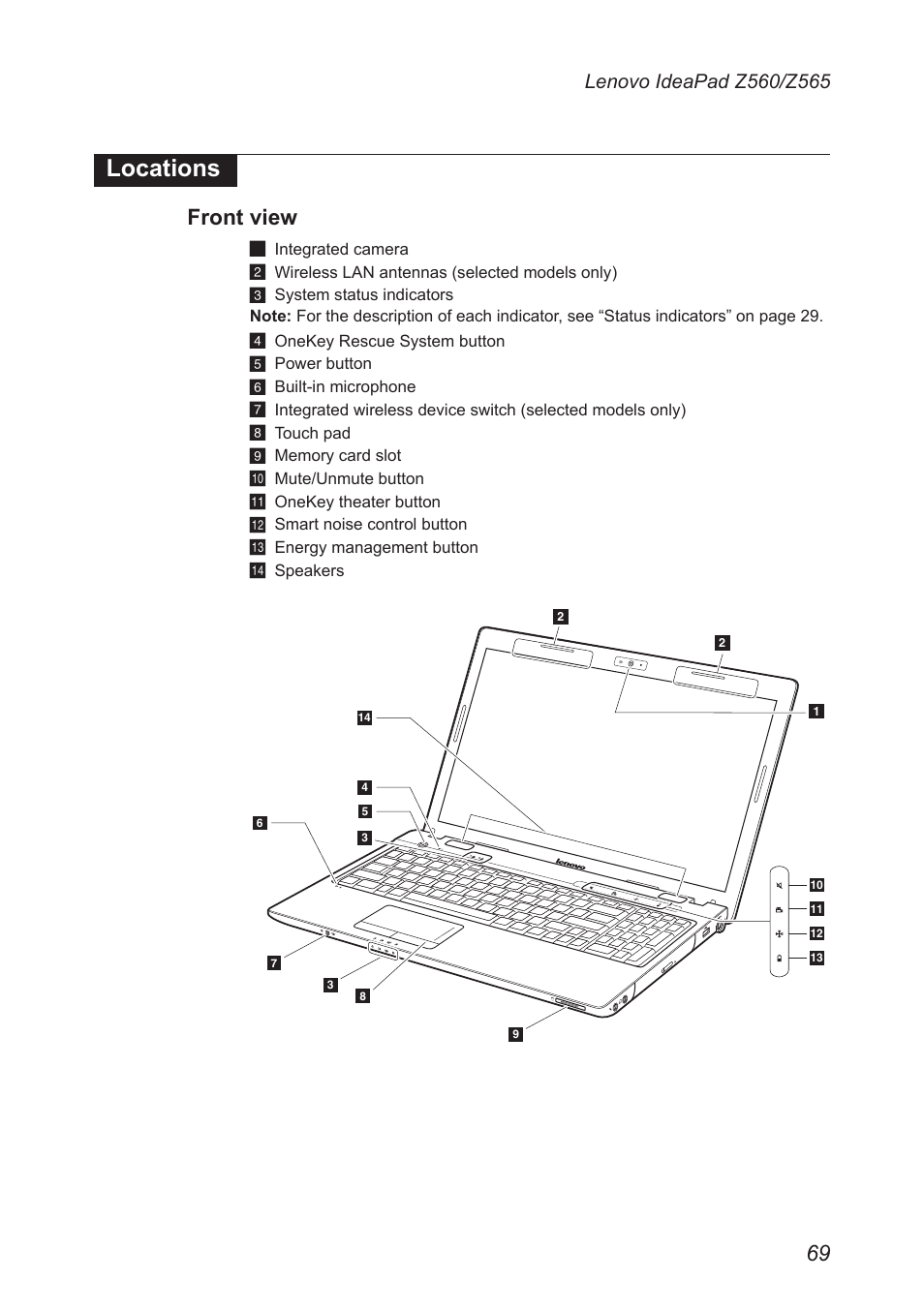 Locations, Front view | Lenovo IdeaPad Z560 User Manual | Page 73 / 90