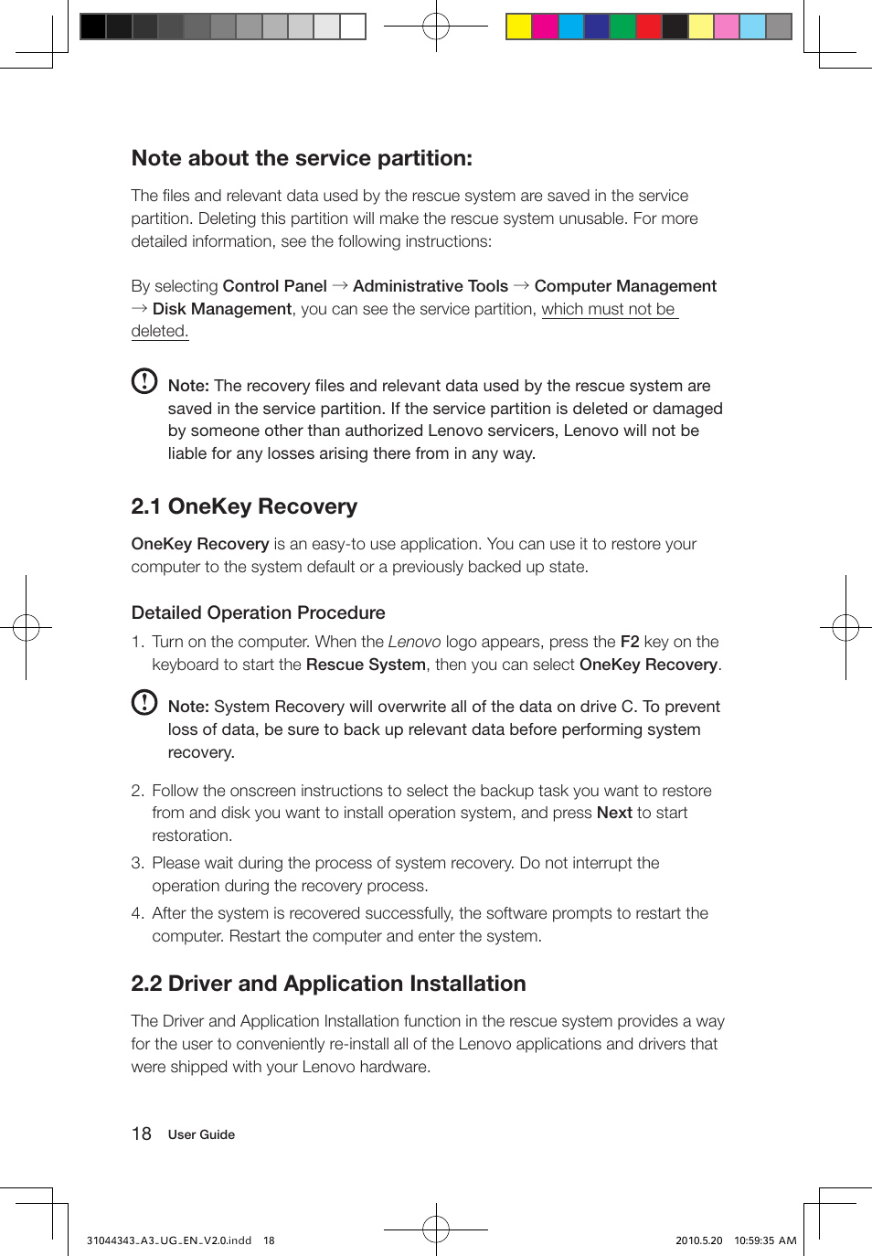 1 onekey recovery, 2 driver and application installation | Lenovo IdeaCentre A310 User Manual | Page 23 / 35
