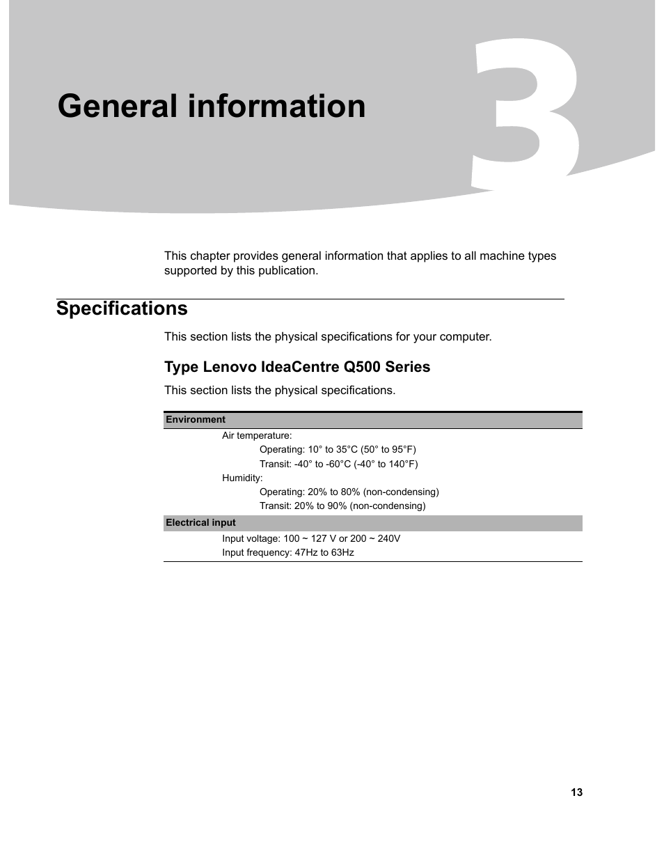 General information, Specifications, Type lenovo ideacentre q500 series | Chapter 3. general information | Lenovo D400 Desktop IdeaCentre User Manual | Page 18 / 63