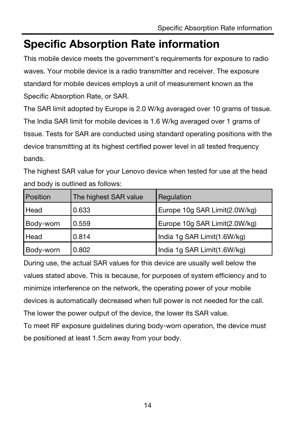 Specific absorption rate information | Lenovo A606 Smartphone User Manual | Page 15 / 16
