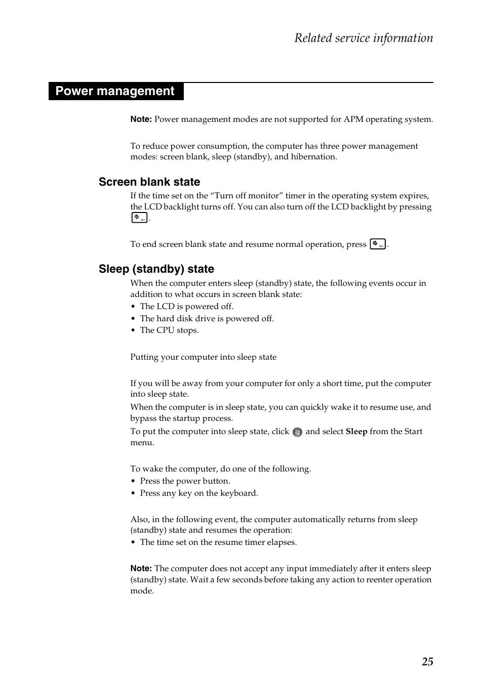 Power management, Screen blank state, Sleep (standby) state | Screen blank state sleep (standby) state, Related service information | Lenovo IdeaPad S206 User Manual | Page 29 / 83