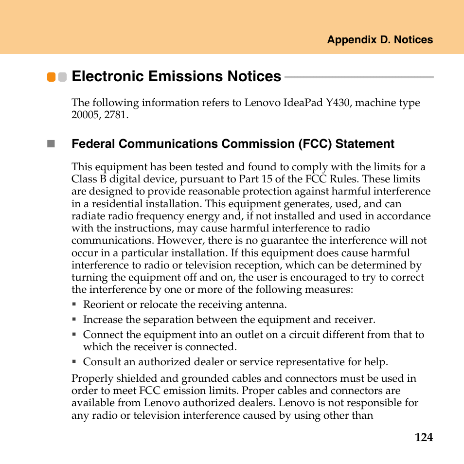 Electronic emissions notices, Electronic emissions, Notices | Lenovo IdeaPad Y430 User Manual | Page 133 / 150