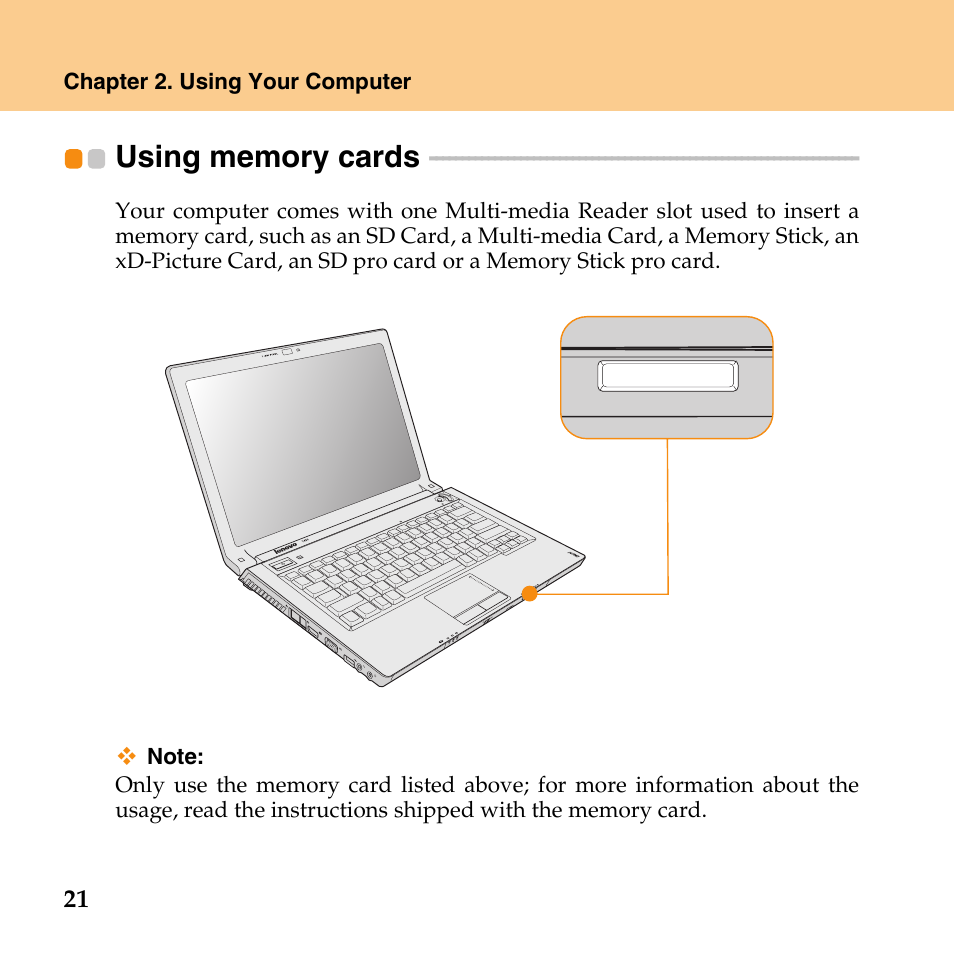 Using memory cards | Lenovo IdeaPad Y430 User Manual | Page 30 / 150