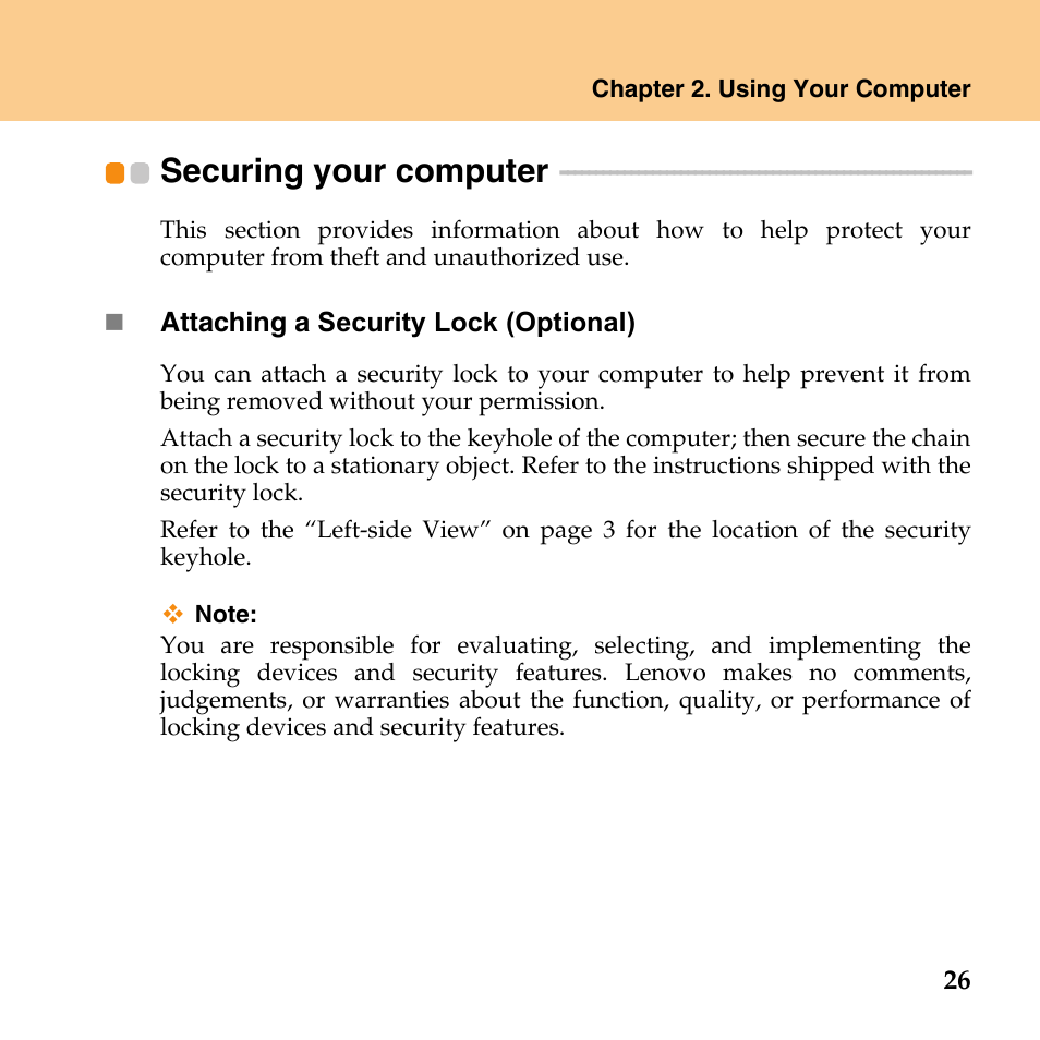 Securing your computer | Lenovo IdeaPad Y430 User Manual | Page 35 / 150