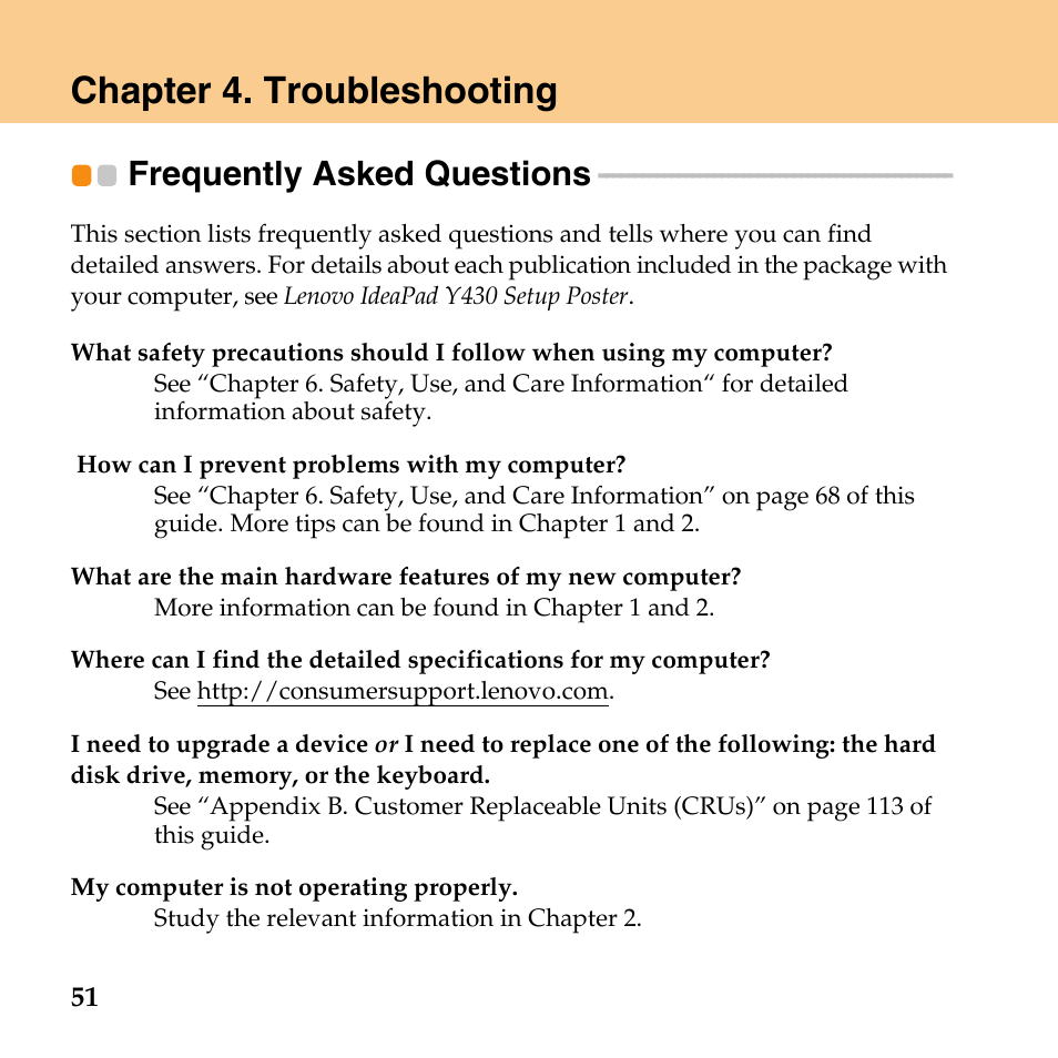 Chapter 4. troubleshooting, Frequently asked questions | Lenovo IdeaPad Y430 User Manual | Page 60 / 150