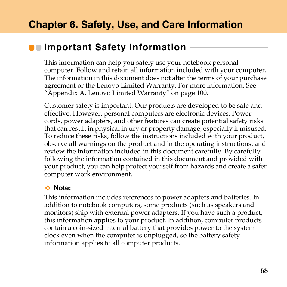 Chapter 6. safety, use, and care information, Important safety information | Lenovo IdeaPad Y430 User Manual | Page 77 / 150