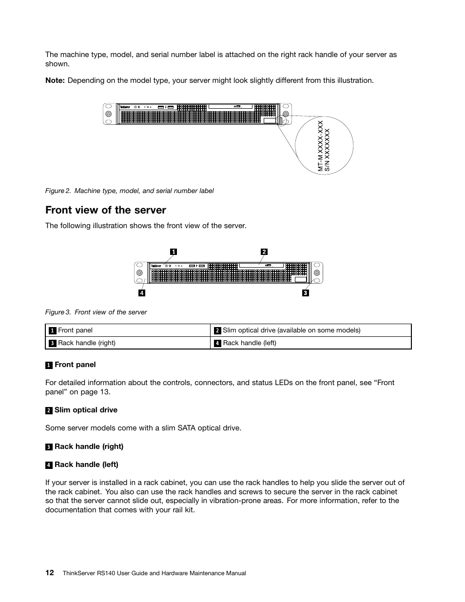 Front view of the server | Lenovo ThinkServer RS140 User Manual | Page 24 / 146