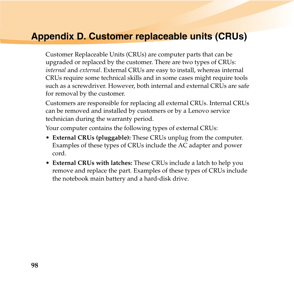 Appendix d. customer replaceable units (crus) | Lenovo IdeaPad U460 User Manual | Page 112 / 143