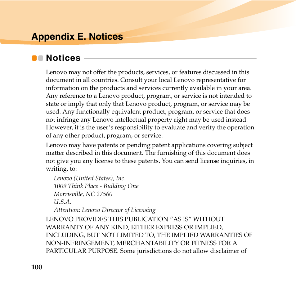 Appendix e. notices, Notices | Lenovo IdeaPad U460 User Manual | Page 114 / 143