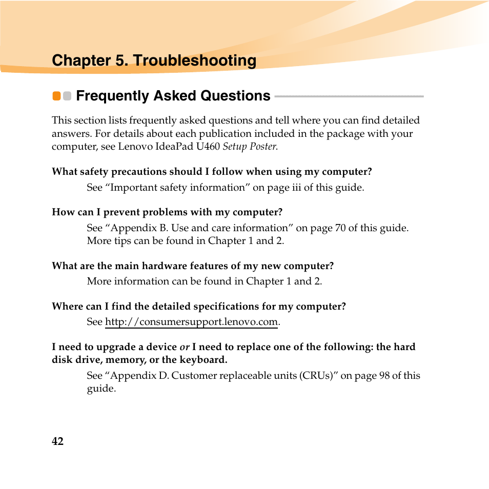 Chapter 5. troubleshooting, Frequently asked questions | Lenovo IdeaPad U460 User Manual | Page 56 / 143