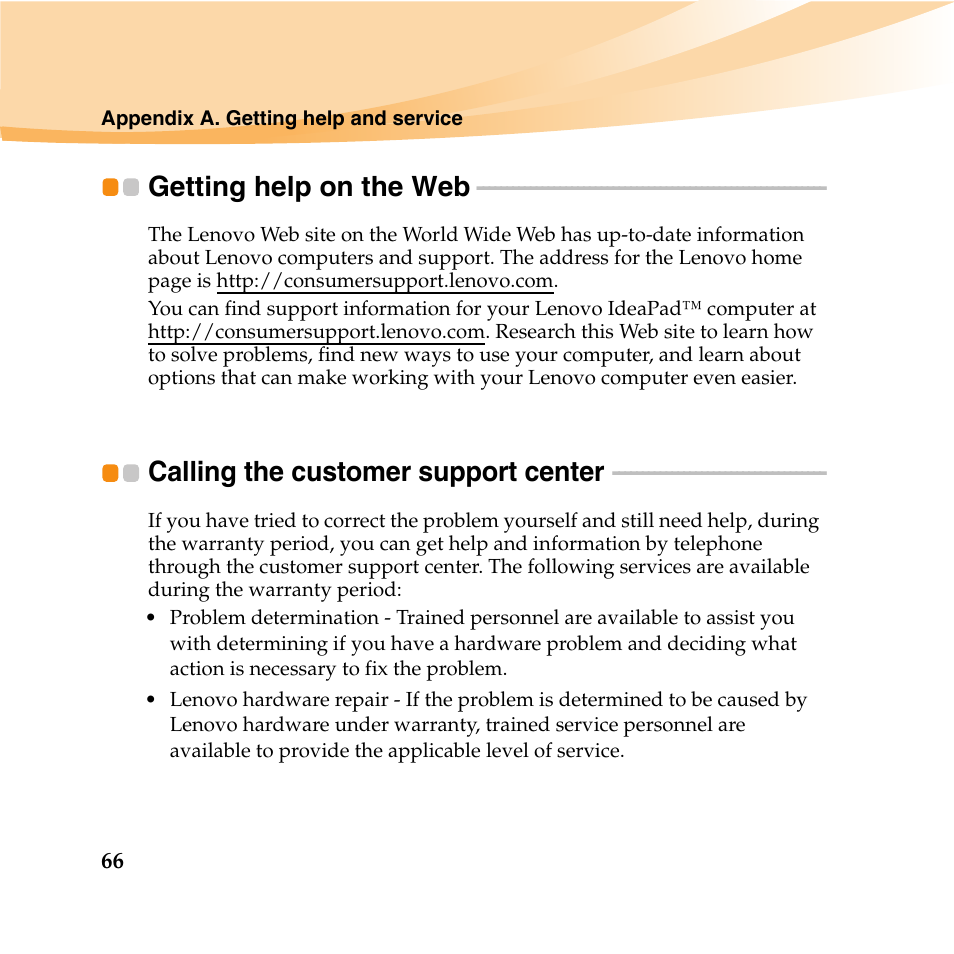 Getting help on the web, Calling the customer support center | Lenovo IdeaPad U460 User Manual | Page 80 / 143