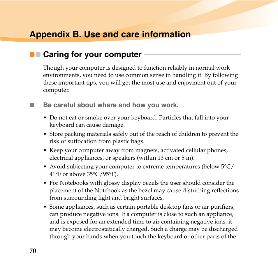 Appendix b. use and care information, Caring for your computer | Lenovo IdeaPad U460 User Manual | Page 84 / 143