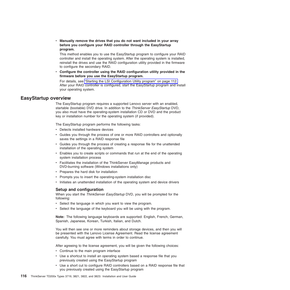 Easystartup overview, Setup and configuration | Lenovo ThinkServer TD200x User Manual | Page 132 / 214