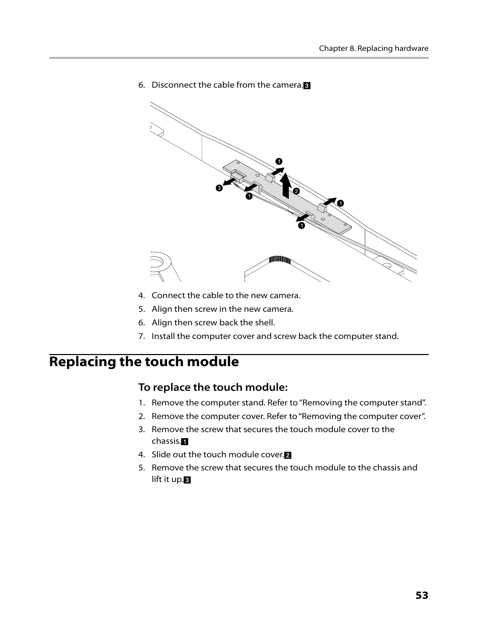 Replacing the touch module | Lenovo IdeaCentre B305 User Manual | Page 55 / 64
