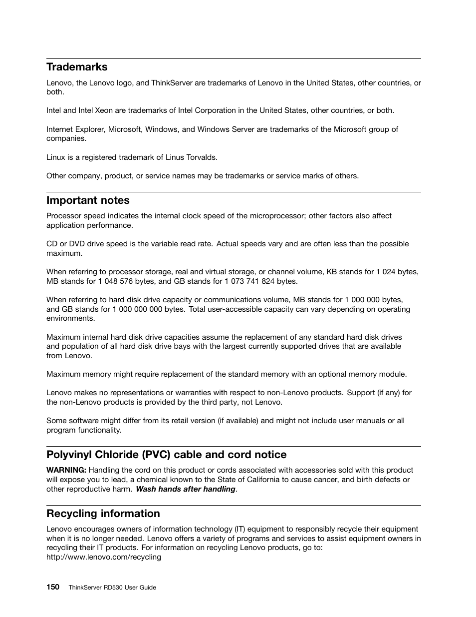 Trademarks, Important notes, Polyvinyl chloride (pvc) cable and cord notice | Recycling information | Lenovo ThinkServer RD530 User Manual | Page 162 / 174