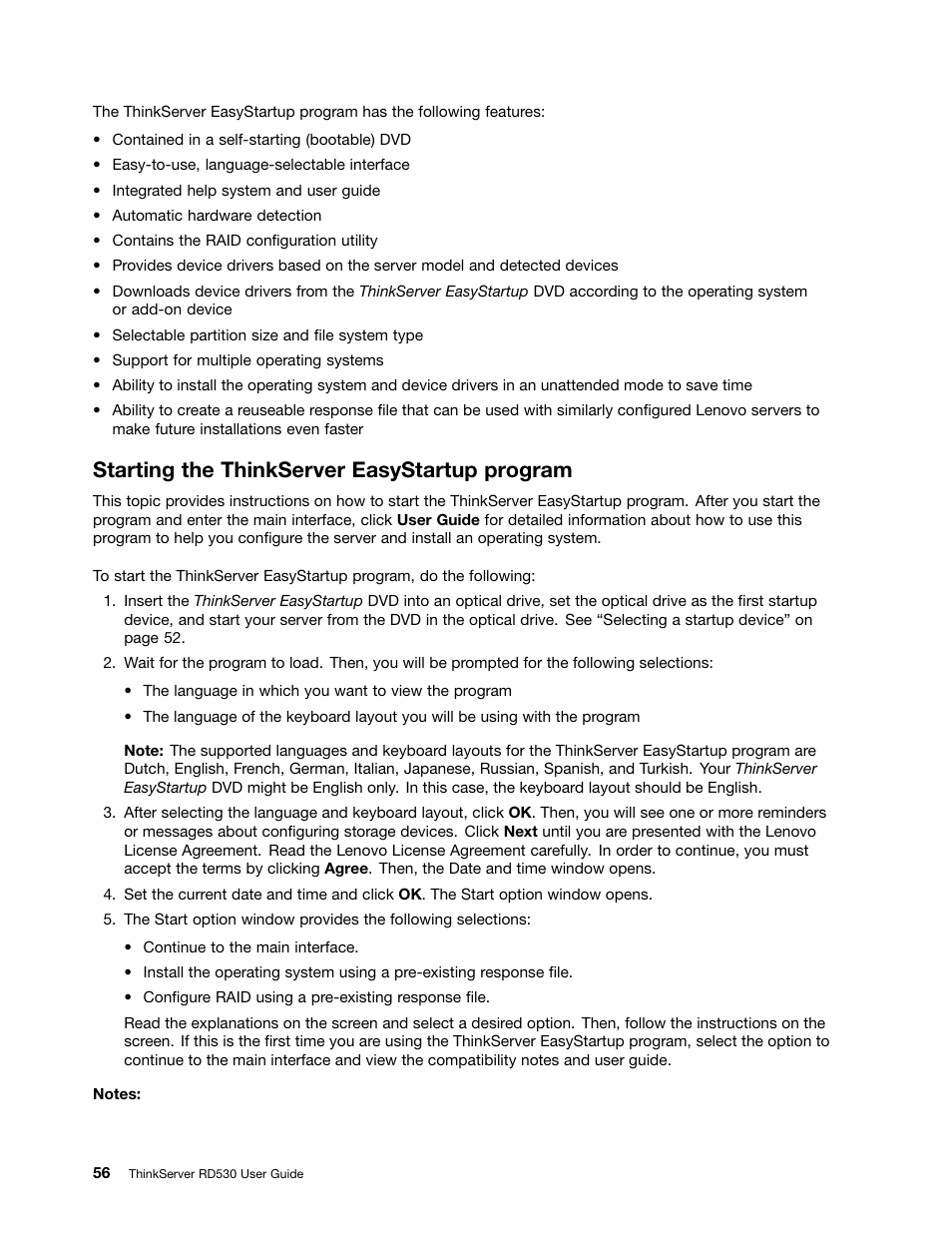 Starting the thinkserver easystartup program | Lenovo ThinkServer RD530 User Manual | Page 68 / 174