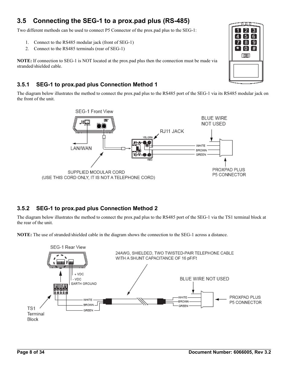 5 connecting the seg-1 to a prox.pad plus (rs-485), 1 seg-1 to prox.pad plus connection method 1, 2 seg-1 to prox.pad plus connection method 2 | American International Electric SEG-M User Manual | Page 8 / 34